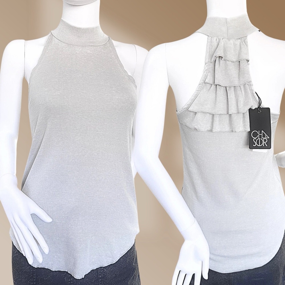 Chaser High Neck Halter Top Gray Ruffle Back Soft Ribbed  Knit Size Small NWT!